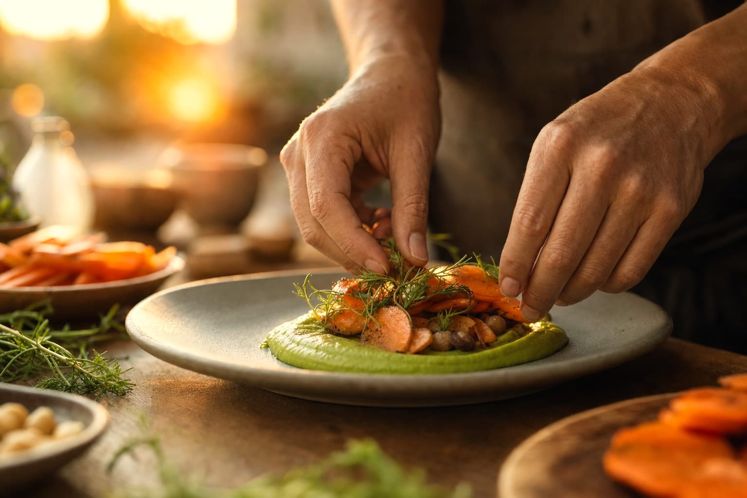 Una preparación vegana sofisticada que contrapone la belleza del emplatado final con la precisión, el tiempo y los múltiples pasos de una receta doméstica compleja.