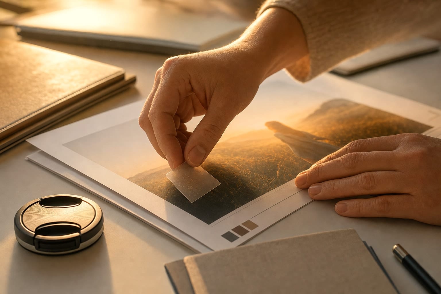 A content creator prepares visual assets with subtle, transparent AI-disclosure markers embedded into an otherwise elegant publishing workflow.