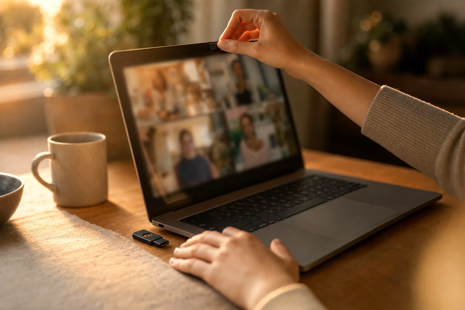 A remote-work device is being actively secured against unauthorized access through careful privacy and account-protection actions.