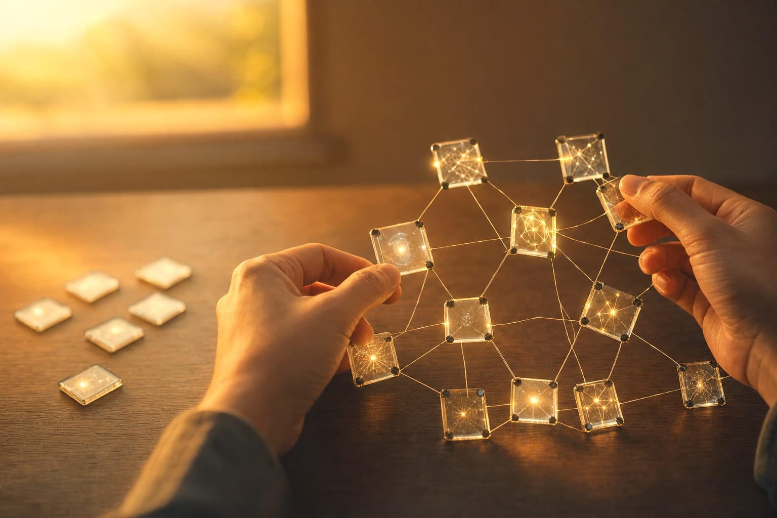 An anonymous knowledge researcher builds a tactile network of connected information modules on a clean studio work surface, conveying how relationships reveal meaning across complex questions.